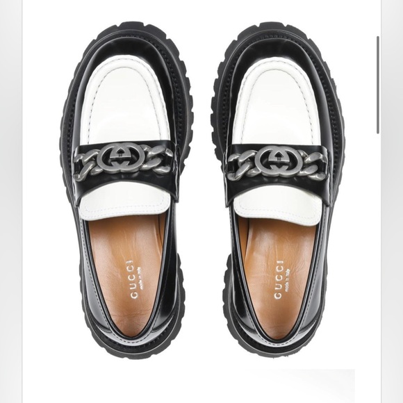 Gucci Ladies Platform Slip On Lug Loafer 'Interlocking G chain- Black & White - Picture 7 of 10